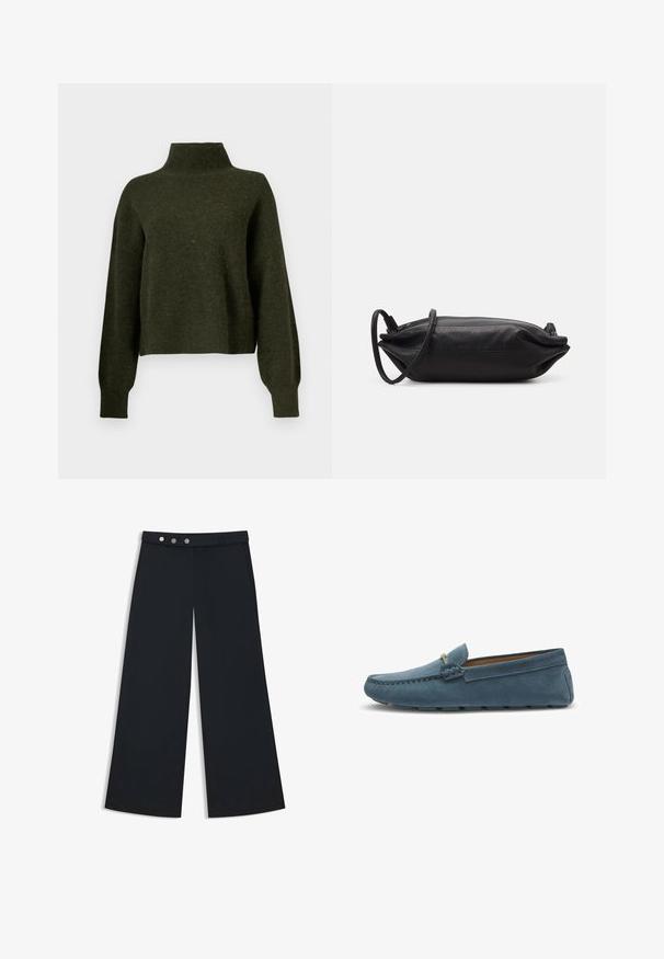 Olijfgroene, cropped trui met een hoge hals en lange, losse mouwen. Gemaakt van een zachte stof met een licht fuzzy textuur.; Zwarte wijde broek met een gladde textuur, voorzien van een platte tailleband, een dubbele knopen sluiting en zijzakken.; Blauwe suède loafers met een vlakke zool, voorzien van een gestikt ontwerp langs de randen en een decoratieve metalen accent aan de voorkant.; Zwarte leren clutch met een rechthoekige vorm, gladde textuur, dunne schouderband en minimalistisch ontwerp.