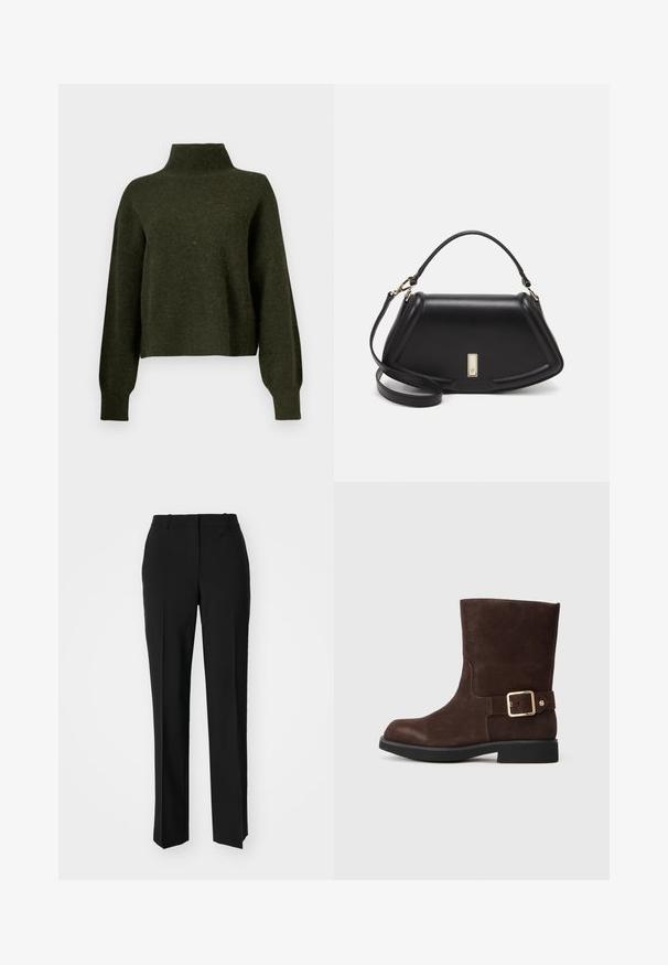 Olivengrøn, cropped sweater med høj hals og lange, løse ærmer. Fremstillet af blødt materiale med en let fuzzy tekstur.; Sorte skræddersyede bukser med lige ben-design, der har en glat tekstur og skarpe folder langs fronten. Ingen synlige hardware.; Brune ruskind ankelstøvle med rund tå, flad sort sål og guldspænde på siden. Glat tekstur og enkelt design.; Sort læderhåndtaske med en struktureret design, der har en kortet form, tophåndtag og guld hardware-accenter. Justerbar skulderrem inkluderet.