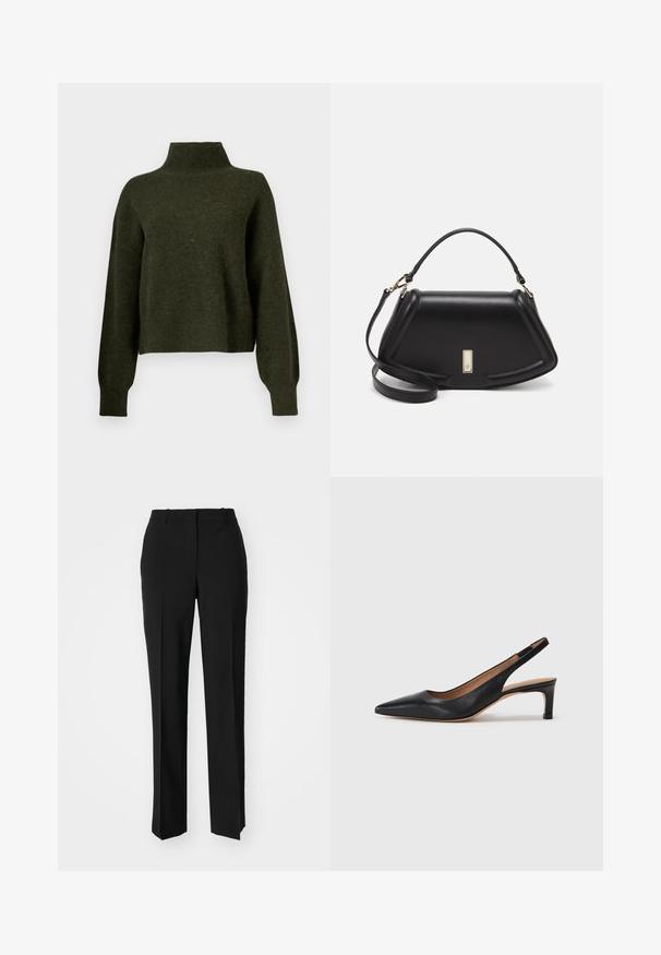 Olive roheline, lühendatud särk kõrge kaelusega ja pikkade, lohvaka varrukatega. Valmistatud pehmest materjalist, millel on veidi karvane tekstuur.; Mustad ja sirged püksid, millel on sile tekstuur ja teravad voldid esiosas. Ilma nähtavate detailideta.; Must musta slingback tüüpi kingad terava nina, madala kontsaga ja sileda pinnaga. Sisaldab õhukest reguleeritavat rihma turvaliseks istumiseks.; Must mustrist käekott, millel on struktureeritud disain, lühendatud kuju, ülemine käepide ja kuldne metallist detail. Reguleeritav õlalihm on kaasas.