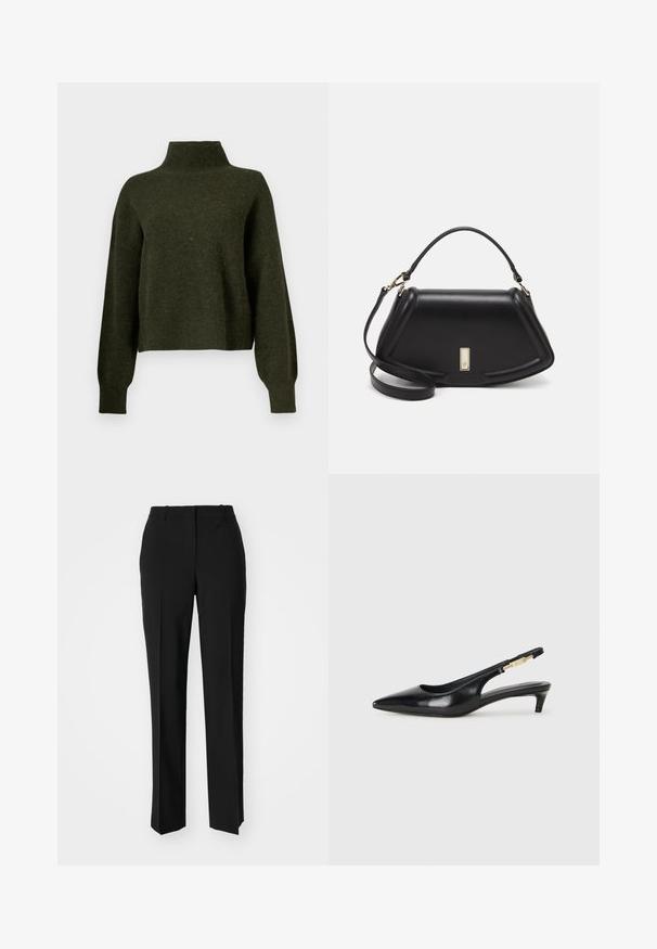 Oliwkowy, krótki sweter z wysokim dekoltem i długimi, luźnymi rękawami. Wykonany z miękkiego materiału o lekko puszystej teksturze.; Czarne spodnie o dopasowanym kroju z prostymi nogawkami, o gładkiej fakturze i wyraźnych zagięciach z przodu. Bez widocznych elementów metalowych.; Czarne skórzane szpilki typu slingback z ostrym noskiem, posiadające smukły obcas i złoty akcent na regulowanym pasku. Gładka tekstura.; Czarna skórzana torebka o strukturalnym designie, z przyciętą formą, górnym uchwytem i złotymi akcentami. W zestawie regulowany pasek na ramię.