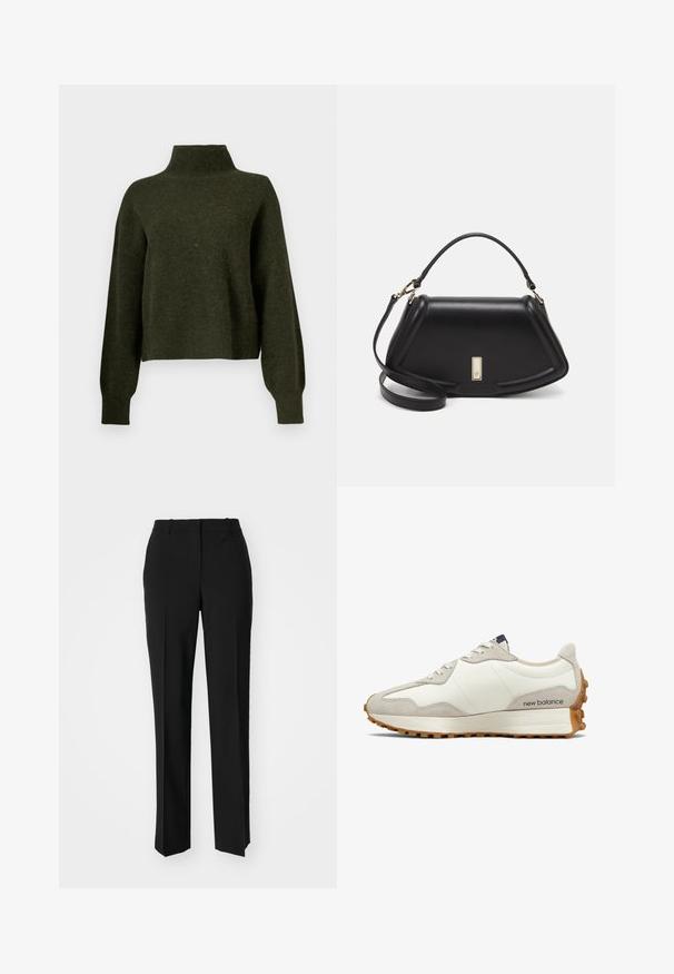 Olivengrøn, cropped sweater med høj hals og lange, løse ærmer. Fremstillet af blødt materiale med en let fuzzy tekstur.; Sorte skræddersyede bukser med lige ben-design, der har en glat tekstur og skarpe folder langs fronten. Ingen synlige hardware.; Hvide og beige sneakers med en glat læderoverdel, suede detaljer, rund tå og en tekstureret gummisål. Brandnavn trykt på siden.; Sort læderhåndtaske med en struktureret design, der har en kortet form, tophåndtag og guld hardware-accenter. Justerbar skulderrem inkluderet.; Sølv hoops øreringe med et glat, buet design. Har en skinnende metallisk finish og studs-lukning. Ingen synlige mønstre eller accenter.