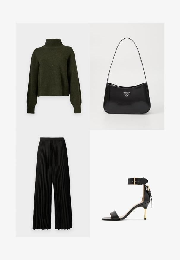 Maglione corto verde oliva con collo alto e maniche lunghe e larghe. Realizzato in materiale morbido con una leggera consistenza morbida.; Pantaloni neri a gamba larga con pieghe verticali e vita aderente, mostrati frontalmente su uno sfondo bianco semplice.; Sandal con tacco in pelle nera, punta quadrata, cinturino alla caviglia con fibbia dorata e tacco metallico slanciato. Texture liscia, design minimalista.; Borsa a spalla in pelle verniciata nera con forma curva, dotata di logo triangolare in argento e chiusura con zip. Texture liscia e tracolla sottile.