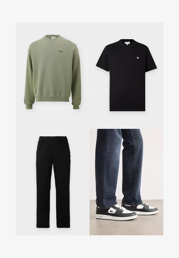 Maslinasto zeleni dukserica s okruglim izrezom, rebrastim manžetama i donjim rubom. Sadrži izvezeni logo krokodila na lijevoj strani prsiju. Mekana, teksturirana tkanina.; Crna pamučna majica s klasičnom okruglom izrezom i kratkim rukavima. Suptilan bijeli Lacoste logo na lijevoj strani prsa. Glatka tekstura.; Crne hlače od pamuka s dodatkom, ravnog kroja, s elastičnim pojasom i dugmetom, bez vidljivih uzoraka ili ukrasa.; Crno-bijele Lacoste tenisice s teksturiranim kožnim gornjim dijelom, s vezanjem i bijelim gumiranim potplatom. Nosi se s tamnim trapericama.