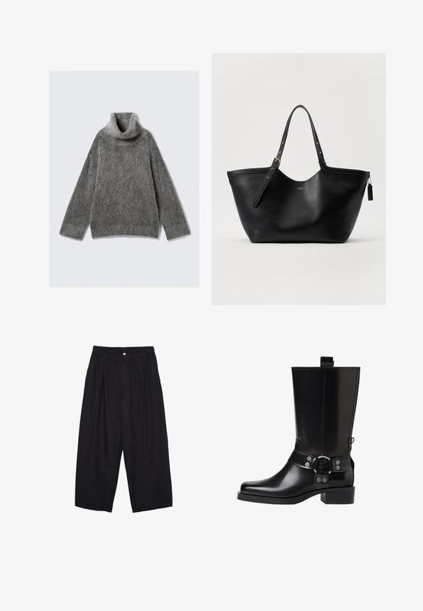 Grauer Rollkragenpullover aus weichem, flauschigem Strickmaterial. Hat lange Ärmel, eine lockere Passform und einen breiten, umgeschlagenen Kragen.; Schwarze Polyester-Culotte mit einem elastischen Bund, zwei vorderen Falten und einer lockeren Silhouette. Keine sichtbaren Muster oder Hardware-Details.; Schwarze Lederstiefel bis zum Knie mit spitzer Zehenform, silbernen Schnallenakzenten und einem klobigen Absatz. Verfügt über eine Zuglasche für einfaches Anziehen.; Schwarze Leder-Tote mit strukturierter Form, doppelten Tragegriffen und goldenen Hardware-Akzenten. Verfügt über eine glatte Textur und einen dekorativen Anhänger.