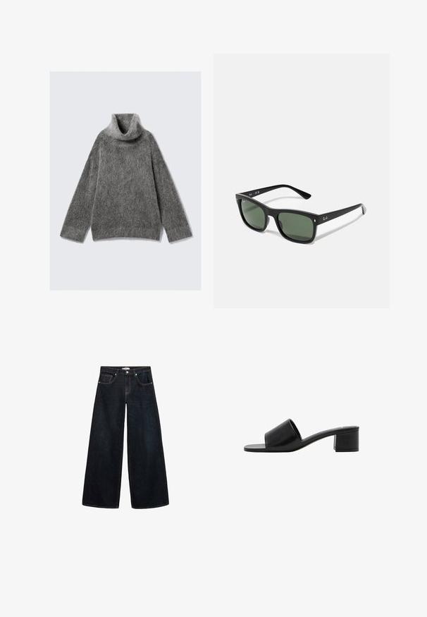 Maglione grigio a collo alto realizzato in morbido materiale a maglia pelosa. Presenta maniche lunghe, vestibilità ampia e un ampio colletto ripiegato.; Jeans in denim scuro a gamba larga con vita alta, caratterizzati da cuciture a contrasto, tasche anteriori e un design minimalista.; Sandal in pelle nera open-toe con una fascia ampia e un tacco a blocco solido. Caratterizzato da una texture liscia e un design minimale.; Occhiali da sole rettangolari neri con lenti verde scuro, realizzati in plastica, con dettagli in metallo vicino alle lenti e logo del marchio sulla stanghetta.; Borsa tote in pelle nera con una forma strutturata, doppio manico e dettagli in hardware dorato. Presenta una texture liscia e un'etichetta decorativa.