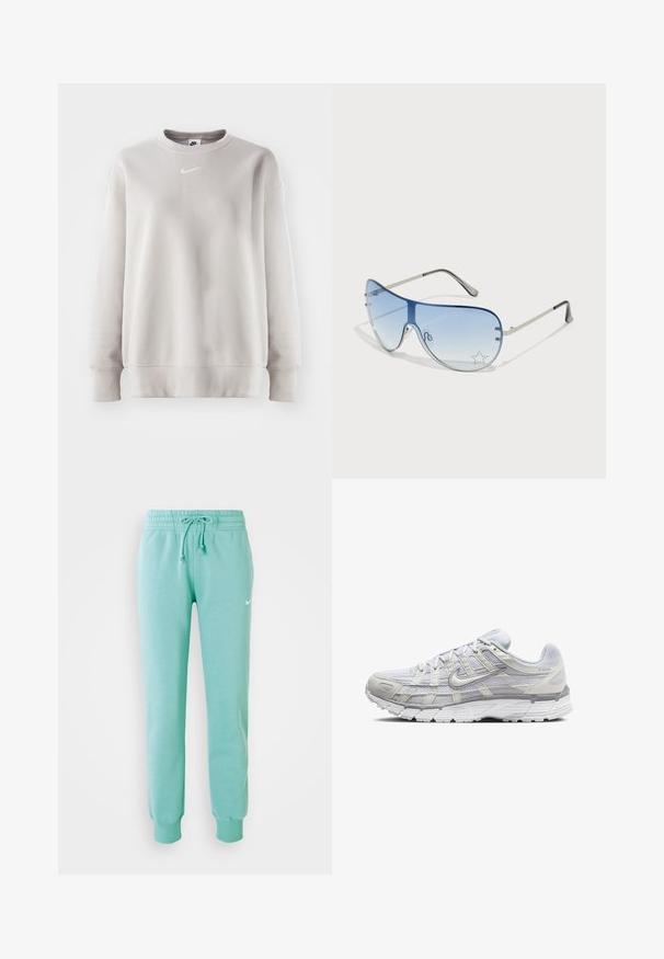 Svetle šedá mikina se širokým výstřihem, dlouhými rukávy, žebrovanými manžetami a lemem. Na hrudi je malá bílá Nike logo. Hladká textura.; Mátově zelené tepláky s elastickým pasem, stahovací šňůrkou a žebrovanými manžetami. Obsahují malé bílé logo Nike na levém stehně.; Světle šedé sportovní boty s vrchní částí z síťoviny a syntetického materiálu, vybavené šněrováním, polstrovaným límcem a texturovanou podrážkou pro lepší přilnavost.; Pilotské sluneční brýle s modrými gradientními skly, stříbrným kovovým rámem a dekorativními hvězdnými akcenty na sklech. Hladký a elegantní design.