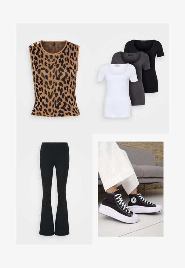 Tani brezrokavni pleteni top z črnim leopardjim potiskom, okroglo ovratnikom in dvema zlatima gumboma na rami.; Tri prilegla majica v beli, sivi in črni barvi. Vsaka ima širok izrez na vratu in kratke rokave. Narejene so iz gladkega, raztegljivega materiala.; Črne hlače s širokimi hlačnicami, izdelane iz raztegljive tkanine, z visokim pasom in gladko teksturo. Hlače se širijo od kolena navzdol.; Črne platnene visoke superge z belimi gumijastimi podplati in vezalkami. Imajo krožni logotip na strani in kontrastno bele šive.
