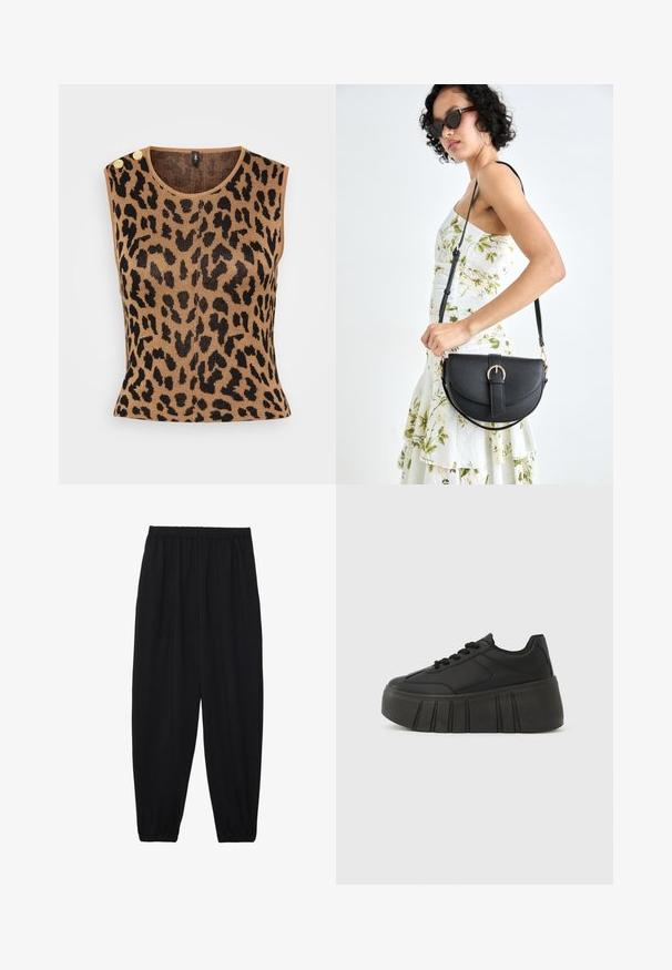 Top tricotat fără mâneci, de culoare bej, cu un imprimeu leopard negru, gât rotund și două accesorii cu buton aurii pe umăr.; Pantaloni negri, ușori, cu un brâu elastic și tivuri strânse. Materialul este neted și are un design relaxat, conic.; Tenisi platformă negri, cu partea superioară netedă din material sintetic, vârf rotund, design cu șireturi și talpă groasă, zimțată, pentru un plus de înălțime.; Geantă din piele neagră, cu o formă curbată, curea detașabilă și accesorii aurii. Geanta are un capac cu un detaliu tip cataramă.
