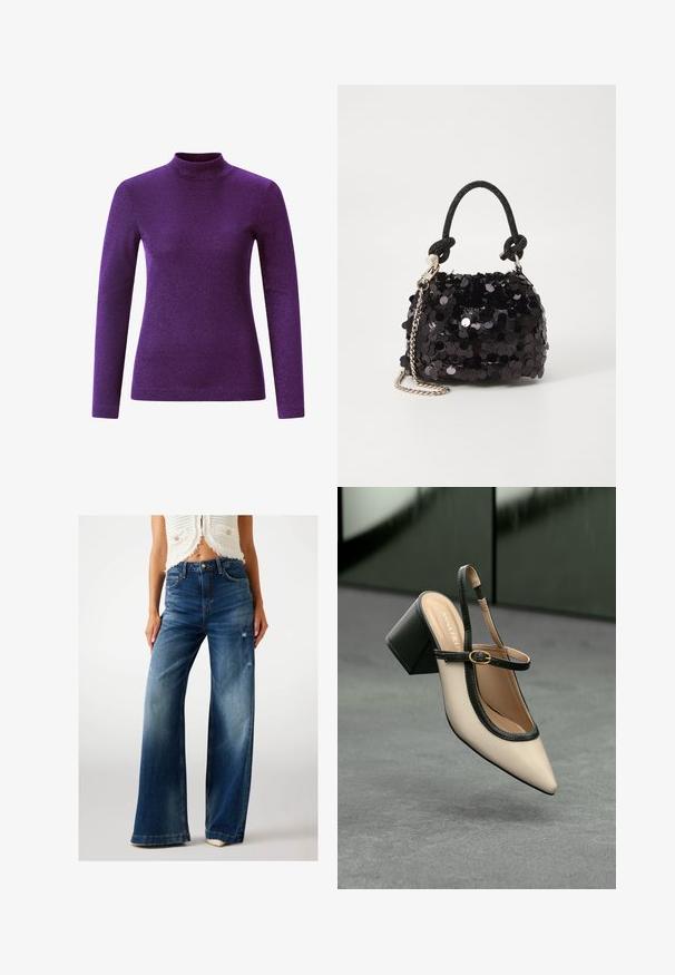 Lila Langarm-Turtleneck-Oberteil aus einem strukturierten, glänzenden Material, das über ein tailliertes Design und einen hohen Halskragen verfügt.; Weite, dunkelblaue Denim-Jeans mit Distressed-Effekten, normaler Taille und leichten Ausbleichungen. Traditionelles Fünf-Taschen-Design, Knopfverschluss.; Beige Slingback-Schuh mit spitzer Zehenpartie, schwarzer Umrandung, goldener Schnalle und dicker Blockabsatz auf grauem Boden vor dunklem grünen Hintergrund.; Schwarze Pailletten-Mini-Handtasche mit einem geknoteten, strukturierten Tragegurt und einer silbernen Kette. Abgerundete Form mit gerafftem oberen Teil und reflektierenden Details.