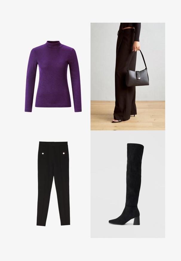 Fioletowa bluzka z długim rękawem i golfem, wykonana z teksturowanego, błyszczącego materiału, o dopasowanym kroju i wysokim dekolcie.; Czarne spodnie w kant o gładkiej fakturze, z dwoma przednimi kieszeniami z ozdobnymi akcentami, w slim-fit.; Czarne zamszowe botki do kolan na kwadratowym obcasie, z wydłużonym noskiem i gładkim, bezszwowym wzorem na jednolitym jasnym tle.; Czarna torebka o usztywnionym kształcie, gładkiej fakturze i metalowym zapięciem. Połączona z szerokimi czarnymi spodniami i sandałami na otwartym palcu na drewnianej podłodze.
