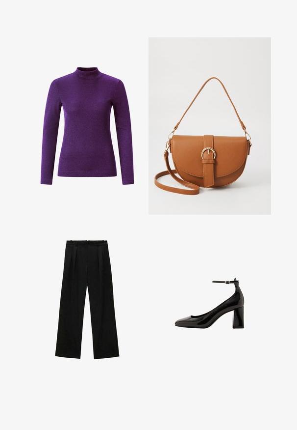 Maglione viola a maniche lunghe con collo alto, realizzato in un materiale texturizzato e lucido, con un design aderente e un collo alto.; Pantaloni neri a gamba larga con pieghe, caratterizzati da una texture liscia e un design a vita alta. Stile minimalista, senza hardware o decorazioni visibili.; Décolleté neri in vernice con cinturino alla caviglia, finitura lucida, punta affusolata e tacco a blocco spesso. Texture liscia, dettagli minimi.; Borsa a tracolla in pelle marrone con forma curvata, hardware dorato e un dettaglio con fibbia. Presenta una tracolla rimovibile.