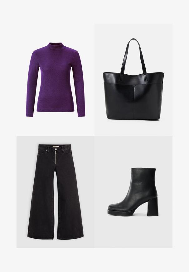 Top morado de manga larga y cuello alto, hecho de un material texturizado y brillante, con un diseño ajustado.; Jeans de pierna ancha en denim negro con cierre frontal, diseño de cinco bolsillos y detalles de costura sutiles. Textura suave y estilo casual.; Botín de cuero negro con tacón cuadrado y suela de plataforma, visto de lado sobre un fondo blanco liso.; Bolso tote de cuero negro con dos asas largas, textura suave y forma estructurada. Cuenta con un bolsillo frontal para almacenamiento adicional.
