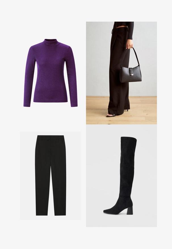 Lila Langarm-Turtleneck-Oberteil aus einem strukturierten, glänzenden Material, das über ein tailliertes Design und einen hohen Halskragen verfügt.; Schwarze Hosen mit taillierter Passform, ausgestattet mit seitlichen Taschen und geradem Bein. Hergestellt aus glattem, leichtem Stoff mit einem eleganten Finish.; Schwarze Wildleder-Stiefel bis zum Knie mit Blockabsatz, spitzer Zehe und glattem, nahtlosem Design auf einem schlichten, hellen Hintergrund.; Schwarze Handtasche mit strukturierter Form, glatter Textur und einem metallischen Verschluss. Kombiniert mit weiten schwarzen Hosen und offenen Sandalen auf einem Holzboden.