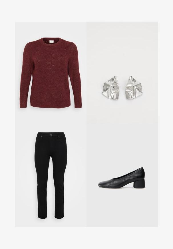 Pulover tricotat burgund cu maneci lungi, gât rotund și textură cu țesătură deschisă, având detalii subtile ale modelului pe toată suprafața.; Jeansi negri din denim cu o croială slim, design cu cinci buzunare, închidere frontală cu buton și ușor elasticizați pentru confort. Textură plată și netedă, cu detalii minime.; Pantofii din piele neagră au un vârf rotund și un toc de tip bloc de înălțime medie. Au o textură netedă, cu detalii minime, având o deschidere elastică subtilă.; Cercei din metal argintiu cu un design sculptural ondulat, prezentând o finisare lucioasă și forme neregulate, evidențiind o estetică contemporană.