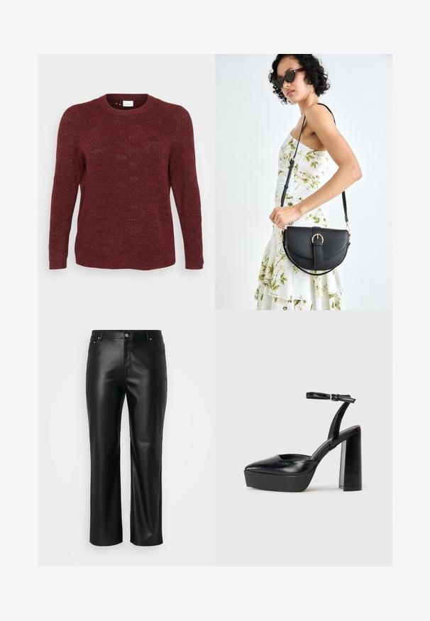Burgundowy sweter dzianinowy z długimi rękawami, okrągłym dekoltem i otwartym splotem, z subtelnymi wzorami w całej powierzchni.; Czarne spodnie z faux skóry o prostym kroju, z paskami na pasek, przednimi kieszeniami oraz zamkiem błyskawicznym z zapięciem na guzik. Gładka tekstura.; Czarne platformy na wysokim obcasie z szpiczastym noskiem i regulowanym paskiem na kostkę. Wykonane z gładkiej skóry, z grubym słupkowym obcasem.; Czarna skórzana torebka o zakrzywionym kształcie, z odpinanym paskiem i złotymi akcentami. Torebka posiada klapę z zapięciem w kształcie klamry.