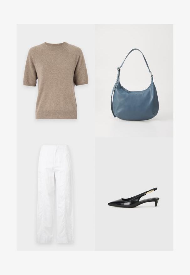 Sweater de mangas curtas em bege claro, feito de um tecido suave e texturizado. Apresenta um decote redondo e punhos e bainha canelados. Design casual.; Calças brancas de perna larga feitas de um tecido leve, com uma textura suave, linhas limpas e um design de cintura alta.; Saltos slingback em couro preto com bico fino, apresentando um salto esguio e um detalhe em tom dourado na alça ajustável. Textura suave.; Bolsa de couro azul com formato arredondado, alça única para o ombro, fecho em zíper e nome da marca em relevo na parte da frente. Textura suave.