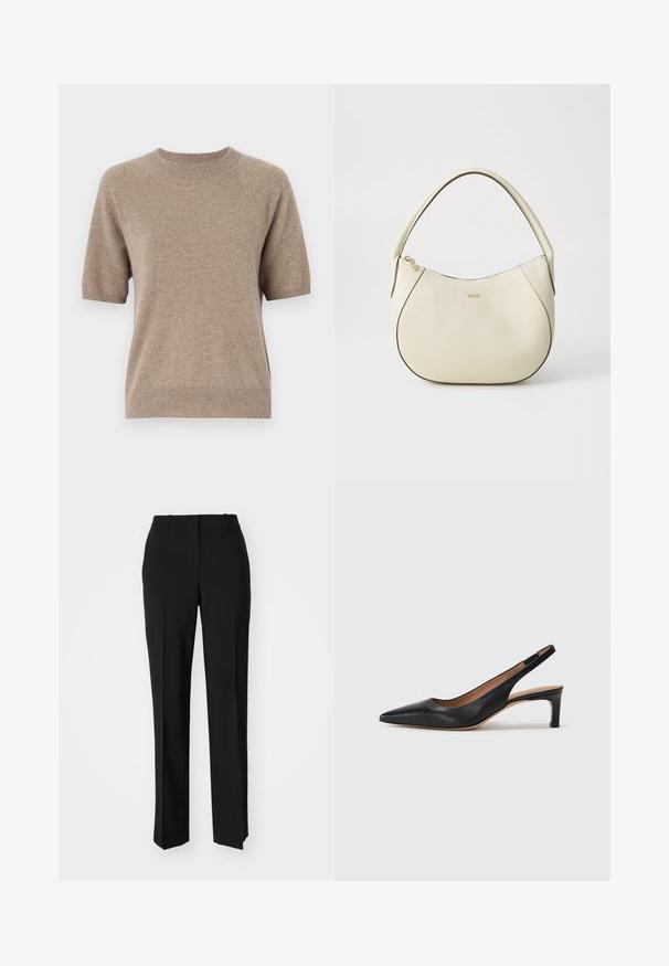 Kortermet genser i lys beige, laget av et mykt, teksturert stoff. Har rund hals og ribbestrikkede mansjetter og nedre del. Uformelt design.; Sorte skreddersydde bukser med rett silhuett, med en glatt tekstur og klare pressede bretter foran. Ingen synlig maskinvare.; Svart lær slingback pumpe med spiss tå, lav hæl og en jevn tekstur. Har en tynn justerbar stropp for en sikker passform.; Kremfarget håndveske med teksturert overflate, buet form, kort håndtak og gullfarget logo. Glidelås lukking på toppen.