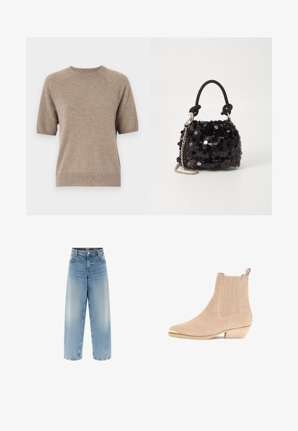 Short-sleeve sweater in light beige, made from a soft, textured fabric. Features a crew neck and ribbed cuffs and hem. Casual design.; Wide-leg blue denim jeans with a high waist, light wash, subtle fading, double-stitched seams, and a button closure at the front.; Beige suede ankle boot with a pointed toe, ribbed design on the sides, a small heel, and a gold-tone accent at the toe.; Black sequin mini handbag with a knotted textured strap and silver chain. Rounded shape with gathered top and reflective detailing.