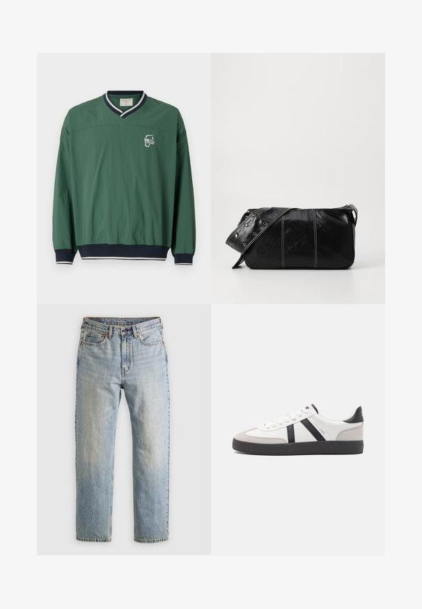 Green pullover shirt with a V-neck, contrasting navy ribbed collar, and elastic cuffs. Features a small white logo on the chest. Lightweight fabric.; Light blue denim jeans with high waist, front button, zipper, and five-pocket design, laid flat on a neutral background.; White sneaker with black and gray accents, featuring a textured gray toe cap, black rubber sole, and flat white laces. Clean design, minimalist style.; Black leather shoulder bag with a zip closure, featuring a textured body, white stitching, and a strap with silver grommets.