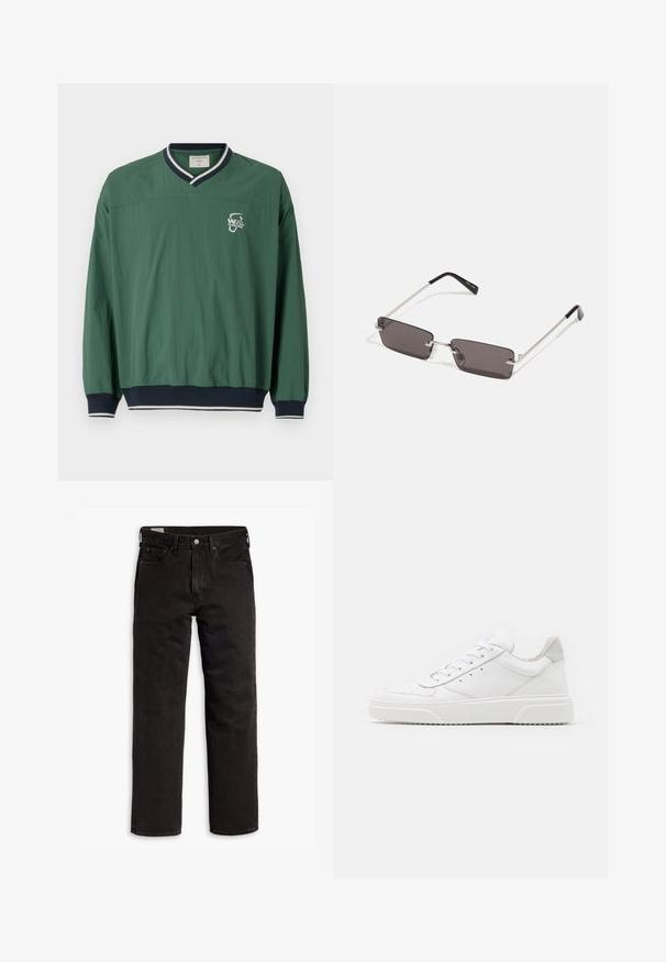 Zeleni pulover s V-izrezom, kontrastnim mornarskim rebrastim ovratnikom i elastističnim manžetama. Ima mali bijeli logotip na prsima. Lagana tkanina.; Crne traperice ravnog kroja s pet džepova, kopčom na dugme i petljama za pojas, položene ravno na bijeloj pozadini.; Bijele kožne tenisice s glatkom površinom, okruglim vrhom, ravnim vezicama i strukturiranom potplatom. Sivi antilop naglasak na peti.; Naočale s pravokutnim, tamnosivim lećama, srebrnim metalnim okvirom i crnim plastičnim vrhovima na ručkama. Lagani dizajn s jastučićima za nos.