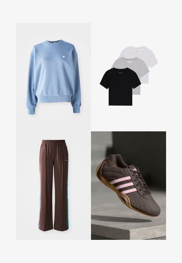 Sudadera de cuello redondo azul claro hecha de una tela suave, con puños y dobladillo acanalados, y un pequeño logo blanco en el pecho.; Conjunto de tres camisetas de manga corta en negro, gris y blanco. Están hechas de algodón, cuentan con cuello redondo y un diseño simple de un solo color.; Pantalones deportivos marrones con textura acanalada, cinturilla elástica y rayas laterales turquesas. Presenta el logo de adidas en la parte frontal.; Zapatilla deportiva de ante marrón con rayas y logotipo en rosa, con parte superior texturizada, cierre de cordones y suela de goma.
