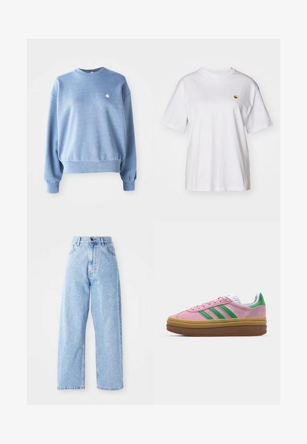 Svetlo modra crewneck majica iz mehkega materiala, z rebrastimi manšetami in robom, ter majhnim belim logotipom na prsih.; Bela bombažna majica s sproščenim krojem, kratkimi rokavi in majhnim vezenim logotipom na levi strani prsnega predela.; Visoko pasové svetlo modre jeans hlače s ravnimi širokimi nogavicami, sprednjim gumbom, zadrgo in sprednjimi ter zadnjimi žepi.; Roza semširna športna obutev z zelenimi črtami, belimi detajli in rjavim gumijastim podplatom. Ima teksturovan material in logotip na strani.