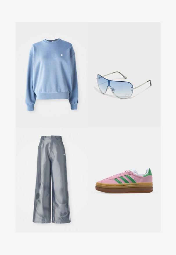 Light blue crewneck sweatshirt made of soft fabric, featuring ribbed cuffs and hem, with a small white logo on the chest.; Wide-leg pants in shiny gray material, featuring white side stripes and a flame pattern on the lower legs. Button and zipper closure at the waist.; Pink suede sneakers with green stripes, white accents, and a brown rubber sole. Features textured fabric and logo detailing on the side.; Aviator sunglasses featuring a gradient blue lens, silver metal frame, and decorative star accents on the lens. Smooth and sleek design.