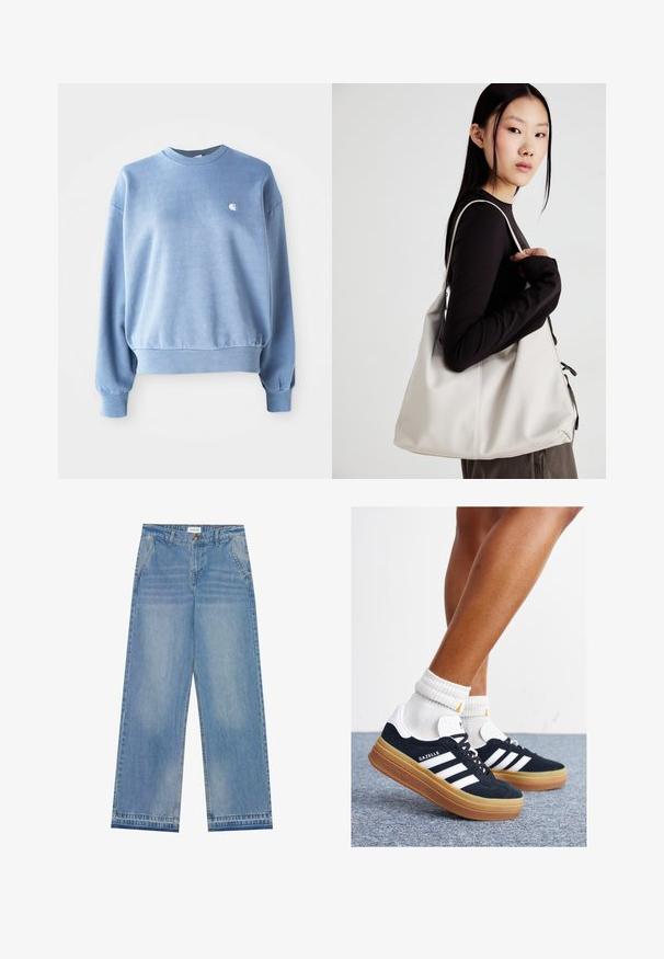 Svetlo modrý crewneck sveter vyrobený z jemného materiálu, s rebrovanými manžetami a spodným okrajom, s malým bielym logom na hrudi.; Svetlo modré vysoké nohavice s rozšírenými nohavicami, s gombíkovým uzáverom, prednými vreckami, pútkami na opasok a jemným vyblednutím.; Čierne semišové tenisky s bielymi pruhmi a detailmi, so zaoblenou špičkou, podrážkou z gumovej gumy, doplnené bielymi rebrovanými ponožkami.; Béžová kabelka vyrobená z mäkkého materiálu, s uvoľneným dizajnom, prišitými detailmi a dvoma popruhmi na nosenie na pleciach. Vhodná na každodenné nosenie.