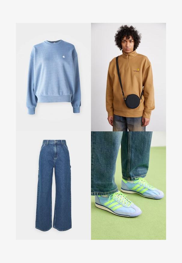 Světle modrý crewneck svetr vyrobený z měkké tkaniny, s ribovanými manžetami a lemem, na hrudi s malým bílým logem.; Široké modré džíny s vysokým pasem, kontrastním šitím a postranními kapsami, které mají klasický design s pěti kapsami a rozstřižené lemy.; Světle modré sportovní boty se zelenými akcenty, vyrobené z semišového a syntetického materiálu, s třemi pruhy a texturovanou podešví. Stylizované s volnými džíny.; Hnědý fleecový svetr s krátkým zipem a vyšitým logem, s černou kulatou crossbody taškou se zipem a detailem loga, nošený přes džíny.