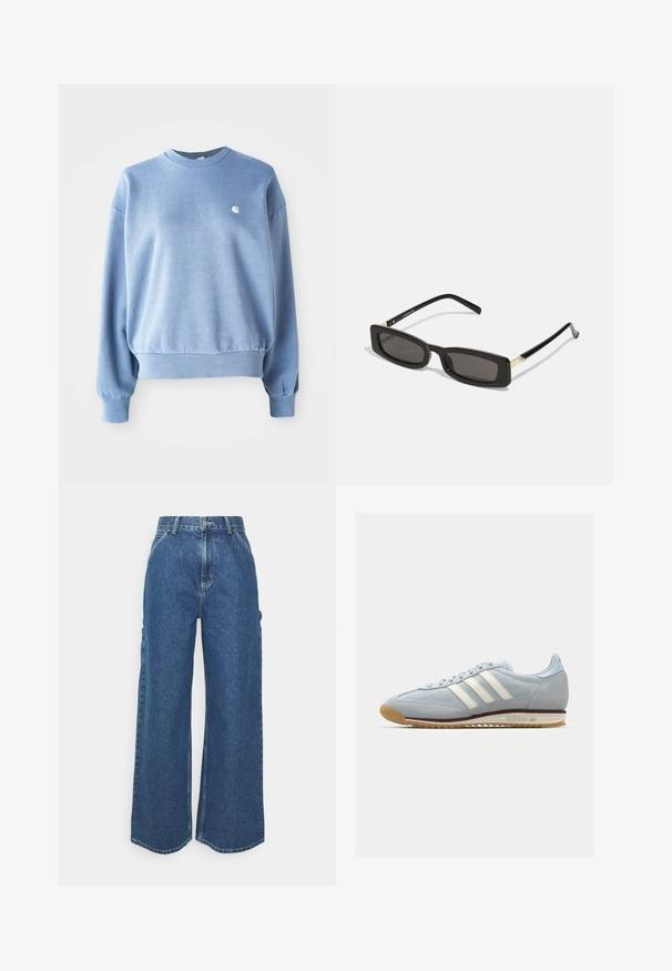 Heleheles sinine ümmargune kaelusega pluus, mis on valmistatud pehmest kangast, ribatud varrukate ja alläärega, rinnal on väike valge logo.; Laiene jalad sinised denim püksid kõrge vöökohaga, kontrastsete õmblustega ja küljetaskutega, klassikalise viie taskuga disainiga ja toore servaga.; Heledad sinine sametist tennis, millel on valged kolm triipu, kummitald ja tekstureeritud sisu. Tooteomadused hõlmavad sujuvat varbakatet ja brändingut kontsapooles.; Mustad ristkülikukujulised prillid tumedate läätsedega, läikivad plastraamid ja kuldsed aktsendid templites. Minimalistlik disain ja voolujooneline kuju.