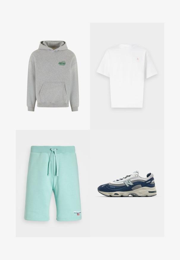 Sweat à capuche gris en coton avec une poche kangourou à l'avant, des poignets et un ourlet côtelés, et un logo vert "ANOTHER COTTON LAB" sur la poitrine gauche.; T-shirt en coton blanc à manches courtes, col rond, avec un petit logo orange sur la poitrine. Texture lisse, coupe standard.; Shorts en coton bleu clair avec une taille élastique, une fermeture à cordon de serrage et un logo sur la jambe gauche. Texture lisse et coupe élégante.; Baskets New Balance 1000 en maille bleu marine et gris, avec une semelle rembourrée, des accents texturés et un logo proéminent sur le côté.