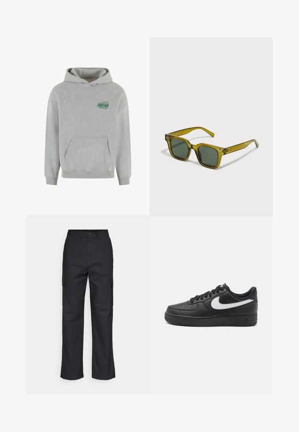 Grijze katoenen hoodie met een voorzak in kangoeroestijl, ribgebreide manchetten en onderrand, en een groen "ANOTHER COTTON LAB"-logo op de linkerkant van de borst.; Zwarte cargobroek met een rechte pijpdesign, voorzien van zijzakken en een geweven stof. Knopsluiting in de taille voor een veilige pasvorm.; Zwarte Nike Air Force 1 sneakers met een glad leren bovenzijde, witte logoaccent, geperforeerde neus en een textuur rubberen zool.; Groene zonnebril met transparante geelgroene kunststof montuur, vierkante vorm, brede lenzen en metalen accenten bij de scharnieren.