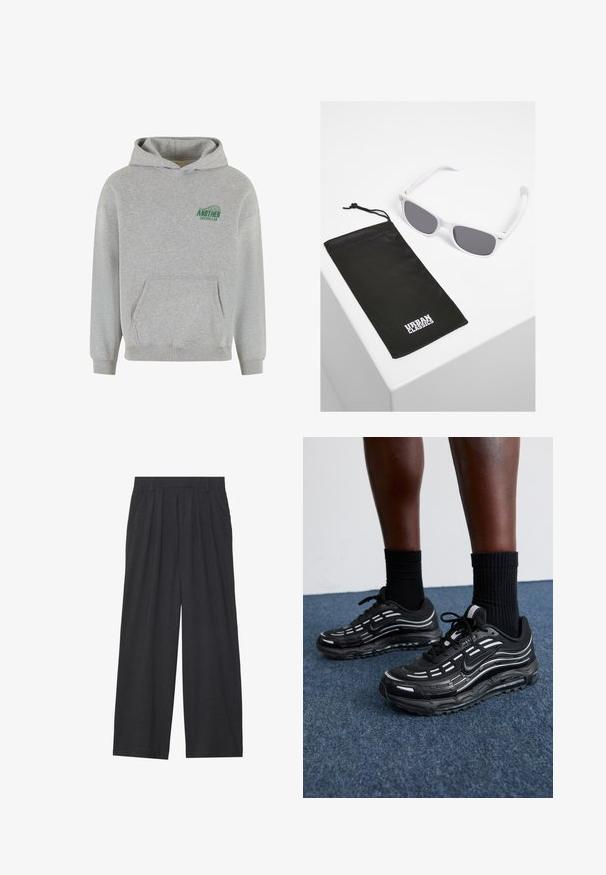 Grau Baumwoll-Hoodie mit einer vorderen Kängurutasche, gerippten Bündchen und Saum sowie einem grünen "ANOTHER COTTON LAB"-Logo auf der linken Brust.; Weit geschnittene Hosen aus dunkelgrauem Stoff. Merkmale sind Falten an der Taille, ein maßgeschneiderter Schnitt und eine gerade Silhouette.; Schwarze Nike-Schuhe verfügen über ein Obermaterial aus Mesh mit Akzentstreifen, strukturiertem Schnürsystem und einer schwarzen Gummisohle. Getragen mit schwarzen, gerippten Socken.; Weiße Plastiksunglasses mit grauen Gläsern neben einem schwarzen Stoffbeutel mit einem weißen "URBAN CLASSICS"-Logo in fetter Schrift.