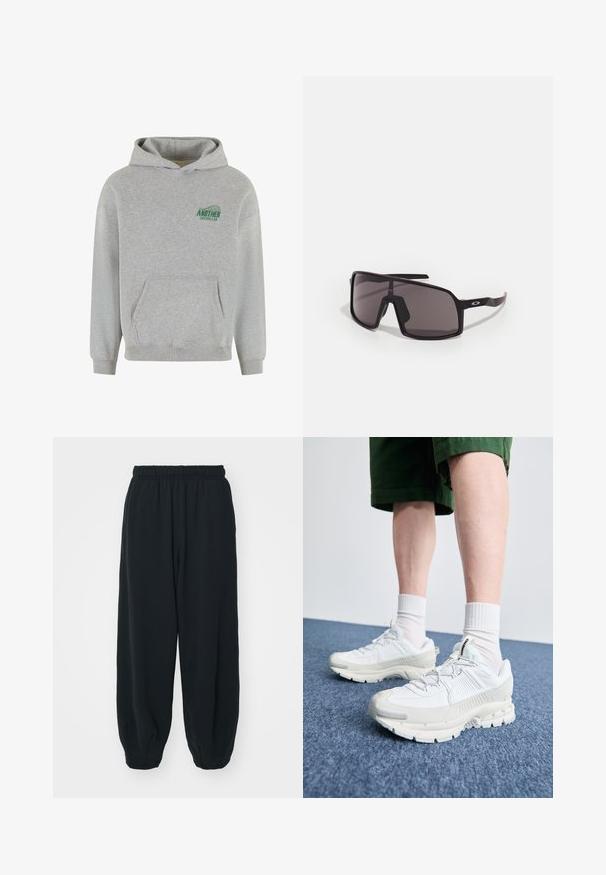 Grau Baumwoll-Hoodie mit einer vorderen Kängurutasche, gerippten Bündchen und Saum sowie einem grünen "ANOTHER COTTON LAB"-Logo auf der linken Brust.; Schwarze Sweatpants mit elastischem Bund, lockerer Passform, gerippten Beinabschlüssen, glatter Textur und ohne sichtbare Muster oder Hardware-Akzente.; Weiße Sportschuhe mit strukturierten Überzügen, einer dicken Sohle und grauen Akzenten. Tragen mit weißen Crew-Socken und grünen Shorts auf einer blauen Oberfläche.; Schwarze rechteckige Sonnenbrille mit dunklen Gläsern, breitem Rahmen und schlanken schwarzen Bügeln. Verfügt über ein Logo an den Schläfen. Glatte Textur.