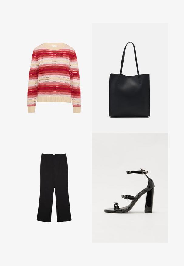 Strickpullover mit rundem Ausschnitt, der horizontale Streifen in Rot, Pink und Beige zeigt, mit Lochmuster und gerippten Bündchen.; Schwarze Hose mit geradem Schnitt, ausgestattet mit Fronttaschen und Seitenschlitzen am Saum. Hergestellt aus weichem, glattem Stoff. Geeignet für verschiedene Anlässe.; Schwarze patentierte Sandalen mit Absatz, quadratischer Spitze, Knöchelriemen und silbernen Schnallen. Mit einem stabilen Blockabsatz für mehr Stabilität.; Schwarze Laptoptasche aus Leder mit glatter Textur, rechteckiger Form und zwei langen Griffen. Keine sichtbaren Beschläge oder Verzierungen.