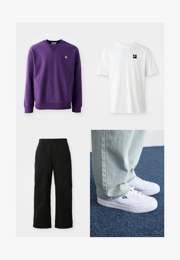Vijolična pulover s krožnim vratom ima mehak teksturo, rebraste manšete in majhen vezen logotip v rumeni in burgundski barvi na prsih.; Bela bomba iz 100% bombaža s kratkimi rokavi in okroglim izrezom; na levem prsnem delu ima majhen črn pravokotni logotip Nike Air.; Črne bombažne hlače z elastičnim pasom, širokim krojem in velikimi stranskimi žepi. Tkanina se zdi mehka s gladko teksturo.; Bela usnjena športna obutev z zelenim Nike logotipom, okrogla konica, ravna podplat, v kombinaciji z svetlo modrimi kavbojkami, prikazana na modrem preprogu.