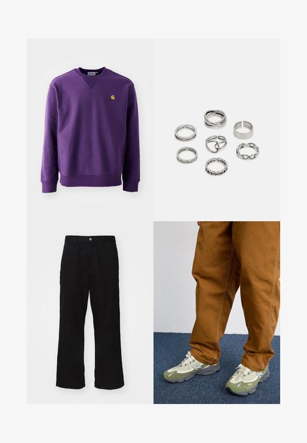Paarse crewneck sweatshirt heeft een zachte textuur, ribgebreide manchetten en een klein geborduurd logo in geel en bordeaux op de borst.; Zwarte wijde broek gemaakt van een katoenmix, met een knoopsluiting en een recht model met minimaal zichtbare stiksels.; Lichtgroene en grijze sportschoenen van gaas en synthetische materialen, met witte veters en de tekst "1000" op de zijkant. Bruine broek met witte stiksels.; Set van zeven zilveren ringen met verschillende ontwerpen, waaronder gedraaide, verbonden en gegraveerde patronen. Verschillende vormen en breedtes.