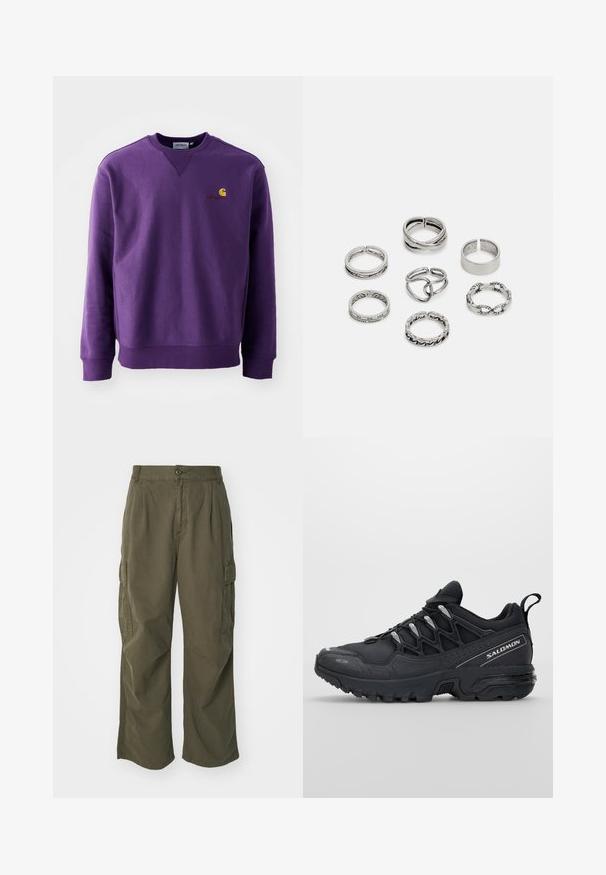 Lila Crewneck-Sweatshirt mit weichem Material, gerippten Bündchen und einem kleinen, in Gelb und Burgunder gestickten Logo auf der Brust.; Cargo-Hosen in Olivgrün, aus Baumwolle, mit weitem Bein, Falten und seitlichen Taschen für Funktionalität.; Schwarze Sportschuhe mit einem Obermaterial aus Mesh, Gummisohle und reflektierenden Akzenten. Verfügt über eine gepolsterte Sohle und ein Schnürverschlussdesign.; Set aus sieben silbernen Ringen mit verschiedenen Designs, einschließlich verdrehter, verbundener und gravierter Muster. Unterschiedliche Formen und Breiten.