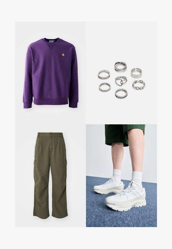 Lila Crewneck-Sweatshirt mit weichem Material, gerippten Bündchen und einem kleinen, in Gelb und Burgunder gestickten Logo auf der Brust.; Cargo-Hosen in Olivgrün, aus Baumwolle, mit weitem Bein, Falten und seitlichen Taschen für Funktionalität.; Weiße Sportschuhe mit strukturierten Überzügen, einer dicken Sohle und grauen Akzenten. Tragen mit weißen Crew-Socken und grünen Shorts auf einer blauen Oberfläche.; Set aus sieben silbernen Ringen mit verschiedenen Designs, einschließlich verdrehter, verbundener und gravierter Muster. Unterschiedliche Formen und Breiten.