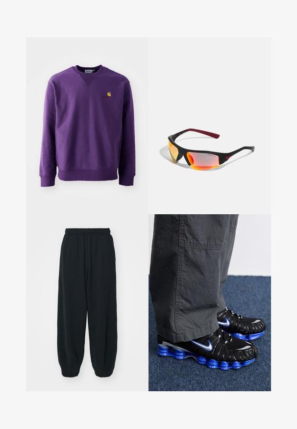 Violetti crewneck-huppari, jossa on pehmeä pinta, ribattu hihansuu ja pieni kirjailtu logo keltaisena ja burgundinpunaisena rinnassa.; Mustat, elastisella vyötäröllä varustetut collegehousut, joissa on löysä istuvuus, cuffattu lahje, sileä pinta ja ilman näkyviä kuvioita tai varusteita.; Mustat urheilukengät sinisillä ja hopeisilla yksityiskohdilla, joissa on teksturoitu päällinen, rohkea pohjasuunnittelu ja nauhoitusjärjestelmä. Aseteltu siniselle matolle.; Mustat urheilulasit, joissa on peili keltainen-oranssi linssi, punaisia aksentteja ja kaarevat sankat. Ominaisuutena tyylikäs, moderni muotoilu.