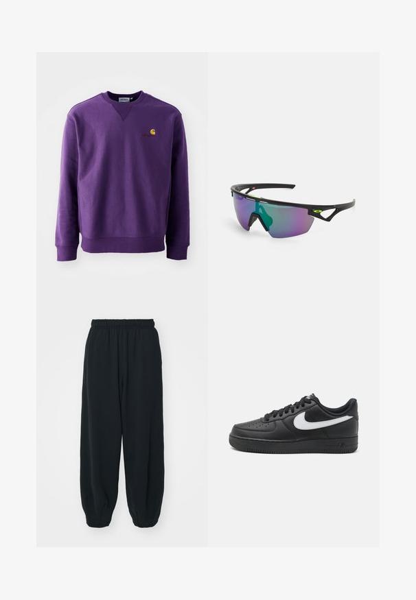 Un sweat à col rond violet avec une texture douce, des poignets côtelés et un petit logo brodé en jaune et bordeaux sur la poitrine.; Pantalons de survêtement noirs avec taille élastiquée, coupe ample, chevilles côtelées, texture lisse et sans motifs ni accents matériels visibles.; Baskets Nike Air Force 1 noires avec une tige en cuir lisse, accent de logo blanc, bout perforé et semelle en caoutchouc texturé.; Lunettes de sport avec une monture noire, grandes verres dégradés aux teintes violettes et vertes, et des accents de design angulaires avec un détail de logo.