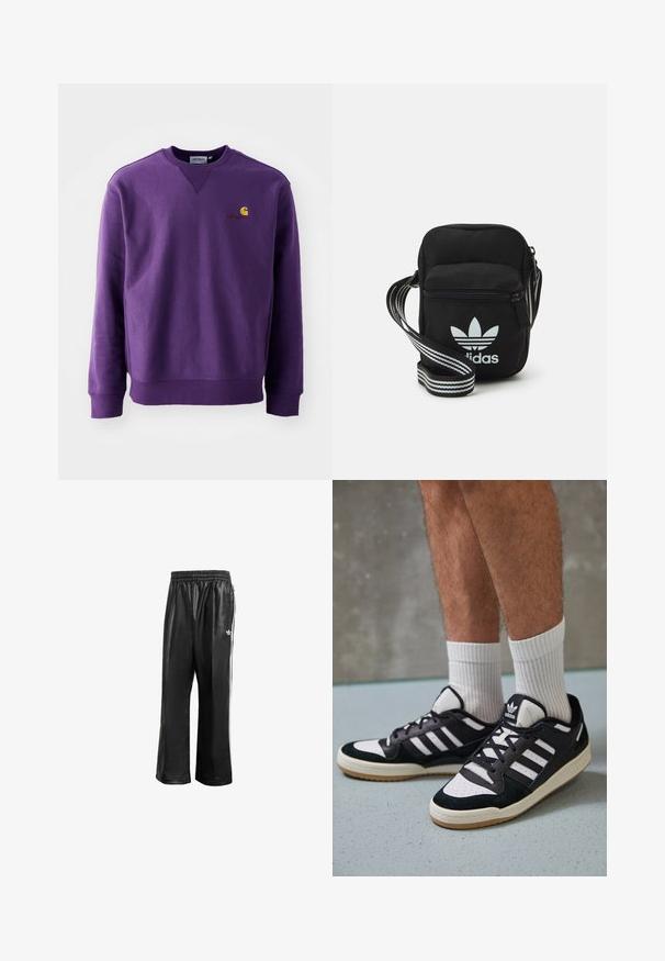 Un sweat à col rond violet avec une texture douce, des poignets côtelés et un petit logo brodé en jaune et bordeaux sur la poitrine.; Pantalons de sport synthétiques noirs avec une taille élastique, dotés de rayures blanches sur les côtés et d'un petit logo blanc sur la hanche gauche.; Baskets noir et blanc avec une tige en suède et cuir, comportant trois rayures blanches, un bout perforé et une semelle en caoutchouc gum.; Sac bandoulière noir en tissu avec fermeture éclair, arborant un logo Adidas blanc et une sangle réglable rayée pour un port facile.