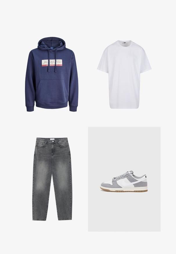 Dunkelblaue Kapuzenjacke aus einem Baumwollmischgewebe, ausgestattet mit einer vorderen Kängurutasche, Kordelzugkapuze und einem grafischen Logodesign über der Brust.; Weiße Baumwoll-T-Shirt mit kurzen Ärmeln, rundem Ausschnitt, lockerer Passform und ohne sichtbare Logos oder Muster. Glatte Textur und minimalistisches Design.; Hoch taillierte, locker sitzende Jeans aus verwaschenem schwarzem Denim. Verfügt über fünf Taschen, Gürtelschlaufen und ein sauberes, gerades Bein-Design.; Graue und weiße Sneaker mit einem Obermaterial aus Wildleder und Leder, abgerundeter Spitze, flachen Schnürsenkeln und einer Gummisohle mit einem Kautschukakzent.