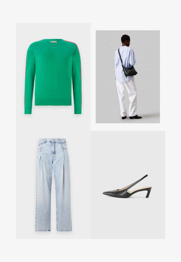 FROM FUTURE BANDE MULTICOLORE AUX MANCHES - Džemperis - tropical green; Gaiši zilas džinsu bikses ar augstu jostasvietu, plats kāju griezumu, divām sānu kabatām un krokotā dizaina akcentiem. Mīksta tekstūra ar izdilušu apdari.; Melna, ar smailu purngalu, slingback kurpe ar zemu papēdi, izgatavota no gludas ādas materiāla un ar izgriezumiem sānos gaisa caurlaidībai.; Melna ādas plecu soma ar mīkstu tekstūru, trīsstūra formu un regulējamu siksnu, apvienota ar gaiši zilu svītrotu krekli un baltām biksēm.