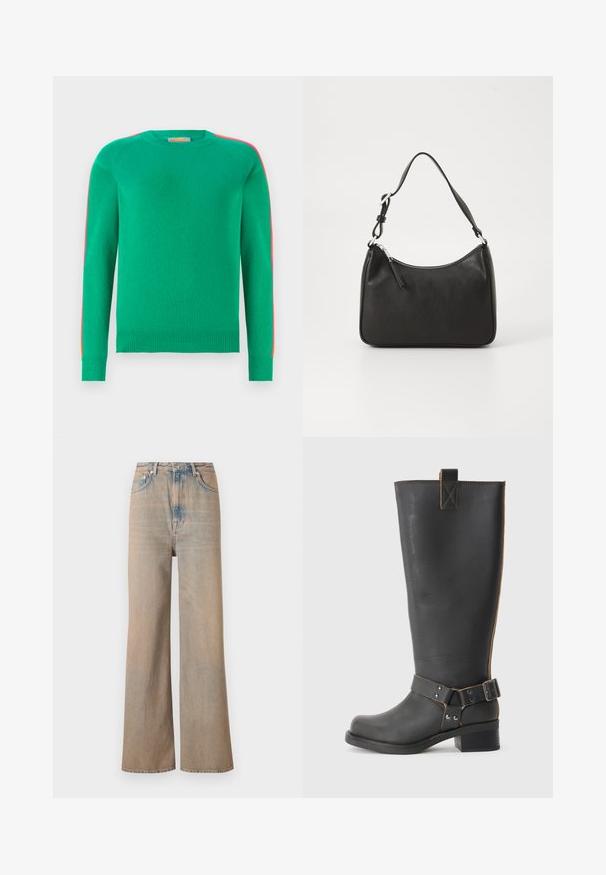 FROM FUTURE BANDE MULTICOLORE AUX MANCHES - Pulover - tropical green; Jeans lejere, cu croi larg, de culoare deschisă, cu talie înaltă, fabricate din denim. Au cusături subtile și cinci buzunare, având o textură ușor decolorată.; Cizmă înaltă din piele neagră, cu un finisaj texturat, având un accent cu cataramă pe lateral și un toc mic. Cusături detaliate de-a lungul cusăturilor.; Geantă de mână din piele neagră, cu o formă curbată, curea unică, închidere cu fermoar și un branding subtil pe față. Textură fină, design minimalist.