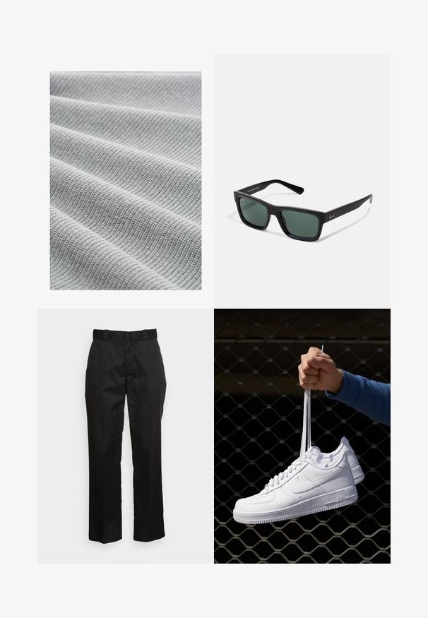 TOM TAILOR Pulover - grey heather melange; Črne hlače iz gladkega materiala, s straight leg dizajnom, pasom za pas in dvema stranskima žepoma. Klasičen videz brez okrasnih elementov.; Bela usnjena športna obutev s perforacijami, okroglo konico, ravnim podplatom in debelimi vezalkami, z vidnim logotipom smoosh in napisom "AIR" na peti.; Črne pravokotne sončne očala z zelenimi lečami, z mat površino, ravnimi nosilci in logotipom Ray-Ban na strani.