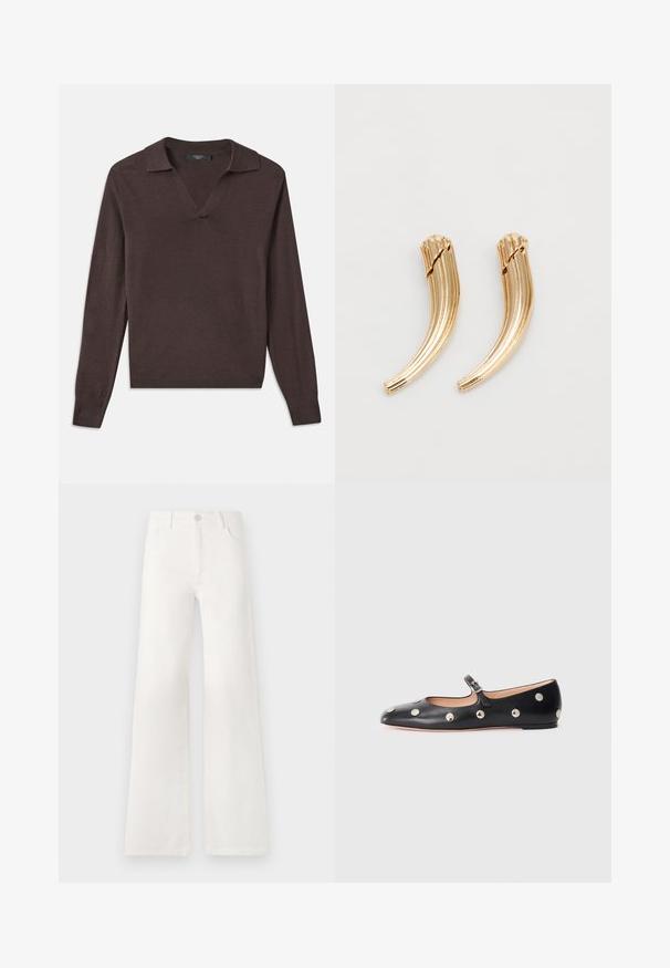 Mørkebrun langærmet pullover med V-hals og krave. Fremstillet af blødt materiale og med ribbede manchetter og en lige kant. Simpelt design.; Hvide, højtaljede bukser med bred ben lavet af denim. Har en knaplukning, to forlommer og sidesømme med syningsdetaljer.; Sorte læder Mary Jane flad sko med en rund tå, udstyret med sølvfarvede runde nitter og en justerbar rem med spænde.; Guldtonede metal hårklips med et buet, rillede design. Glat overflade med en poleret finish og afrundede spidser. To stykker vist.