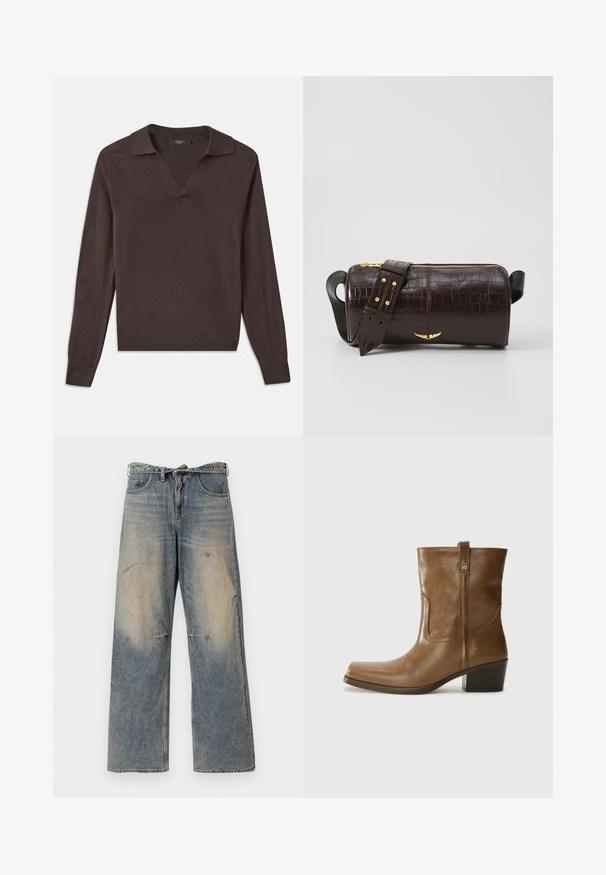 Pullover lungo marrone scuro con maniche lunghe, scollo a V e colletto. Realizzato in materiale morbido, presenta polsini a coste e orlo dritto. Design semplice.; Jeans in denim azzurro chiaro con una vestibilità ampia e gambe dritte. Presentano effetti di usura, scolorimento e dettagli strappati vicino alle ginocchia. Stile classico a cinque tasche.; Stivale alla caviglia in pelle marrone con punta quadrata, finitura testurizzata e tacco basso incassato. Dotato di un pratico tassello posteriore e dettagli di cucitura sottili.; Borsa in pelle stampata a coccodrillo marrone con forma cilindrica, accessori in tonalità oro e una tracolla staccabile con borchie.