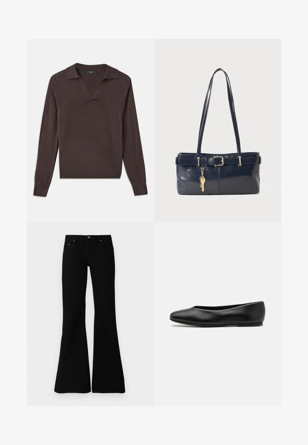 Pull-over long à manches longues marron foncé avec un col en V et un col. Fabriqué en matériau doux, avec des poignets côtelés et un ourlet droit. Design simple.; Jean évasés noirs en denim, avec un design classique à cinq poches, fermeture à bouton et détails de couture subtils le long des coutures.; Paul Smith TOPANGA - Ballerines - black; Sac à main en cuir bleu marine avec deux longues poignées, un détail de boucle et un porte-clés accroché. Il présente une texture lisse et une forme rectangulaire.