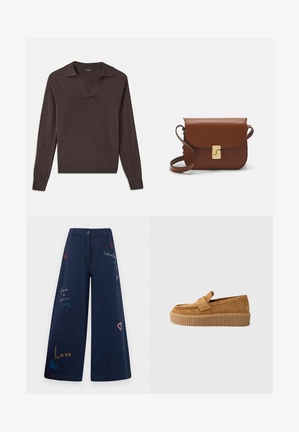 Dark brown long-sleeve pullover with a V-neck and collar. Made of soft material, featuring ribbed cuffs and a straight hem. Simple design.; Navy blue wide-leg pants in cotton with multiple pockets. Features colorful embroidered text and graphics including hearts and playful phrases.; Brown suede loafer with a round toe, featuring a ribbed platform sole and a decorative strap across the upper.; Brown leather handbag with a flap closure, gold-tone hardware, a shoulder strap, and a smooth texture. Compact rectangular shape.